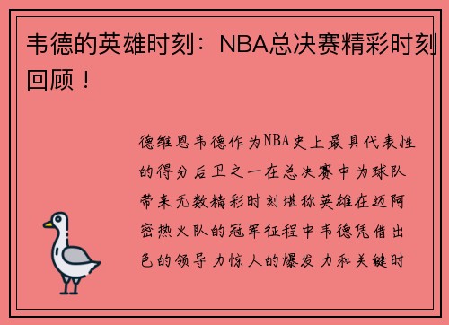 韦德的英雄时刻：NBA总决赛精彩时刻回顾 !